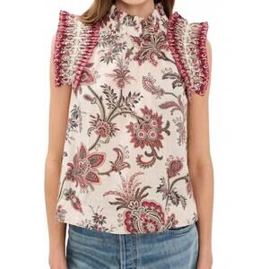 NEW SEA cassandra flutter sleeve top in cream, red